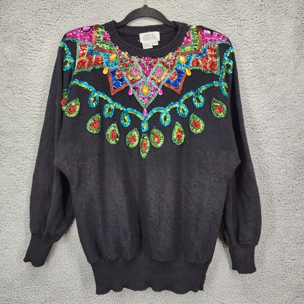 Heres A Hug Vintage Beaded Sequin Sweater Black Ramie Cotton Womens Medium 80s